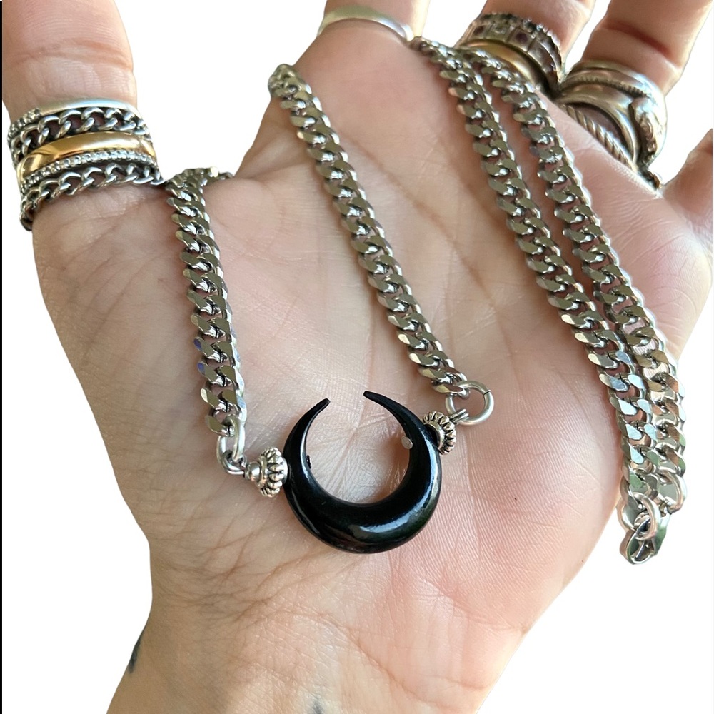 Moon choker necklace . Black buffalo horn carved moon charm . goth boho - Picture 8 of 12